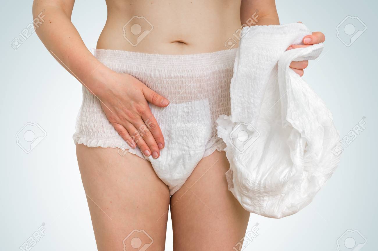 Stock Photo Woman Wearing Incontinence Diaper Isolated On White Stock Photo Woman Wearing Incontinence Diaper Isolated On White