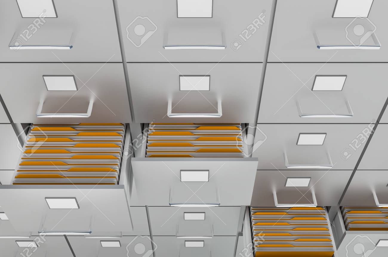 Filing Cabinet With Yellow Folders In An Open Drawers Data