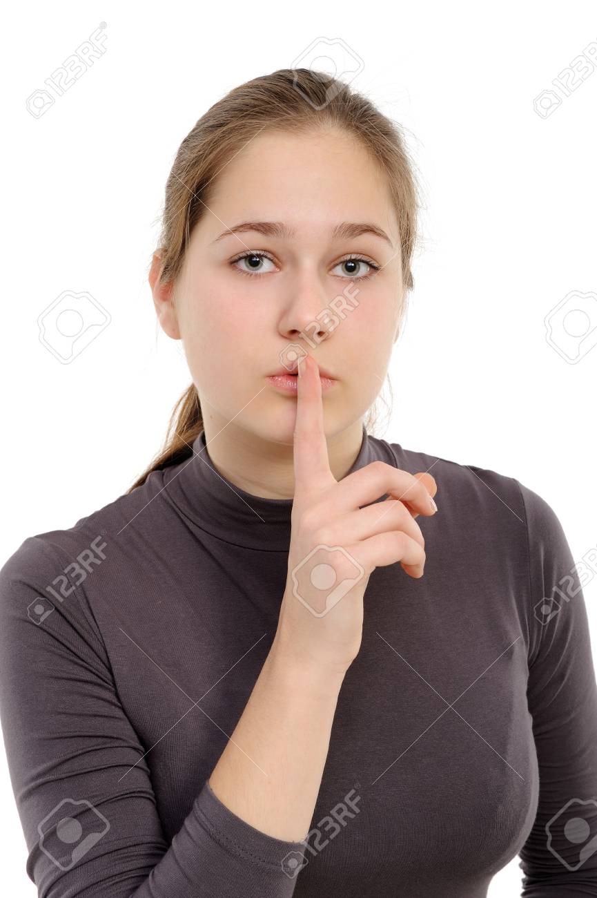 young women says ssshhh to maintain silence on a white background