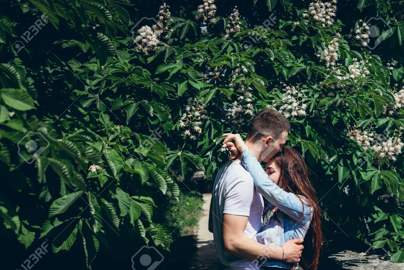 ハンガリーのブダペストの緑の咲く木の近くで愛を抱く官能的な抱擁カップル ハンサムな男は優しく額に彼の恋人にキスしています の写真素材 画像素材 Image