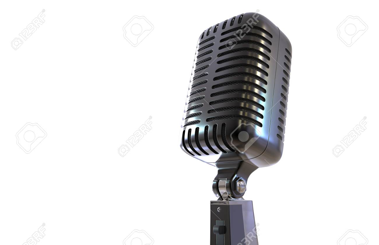 白い背景に分離された鋼のマイク 古いマイク ビンテージ マイク 3 D レンダリング の写真素材 画像素材 Image