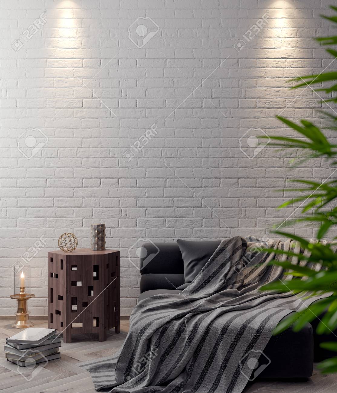 インテリアにモックアップポスター 白レンガの壁をあしり モダンなデザインの3dイラスト の写真素材 画像素材 Image