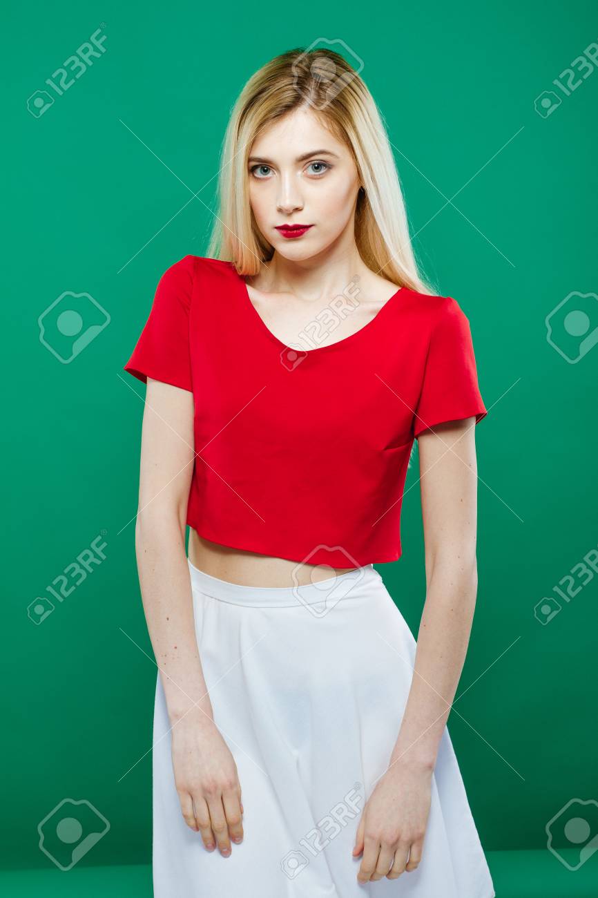 white skirt red top