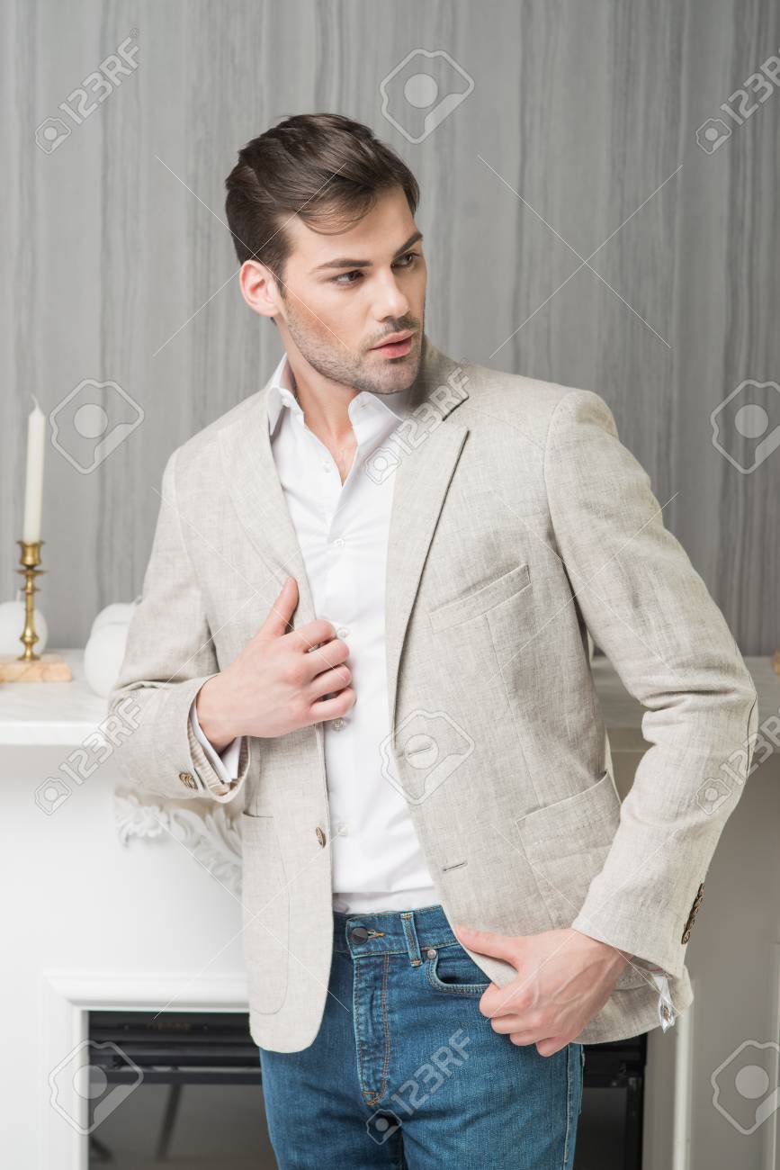 beige jacket with jeans