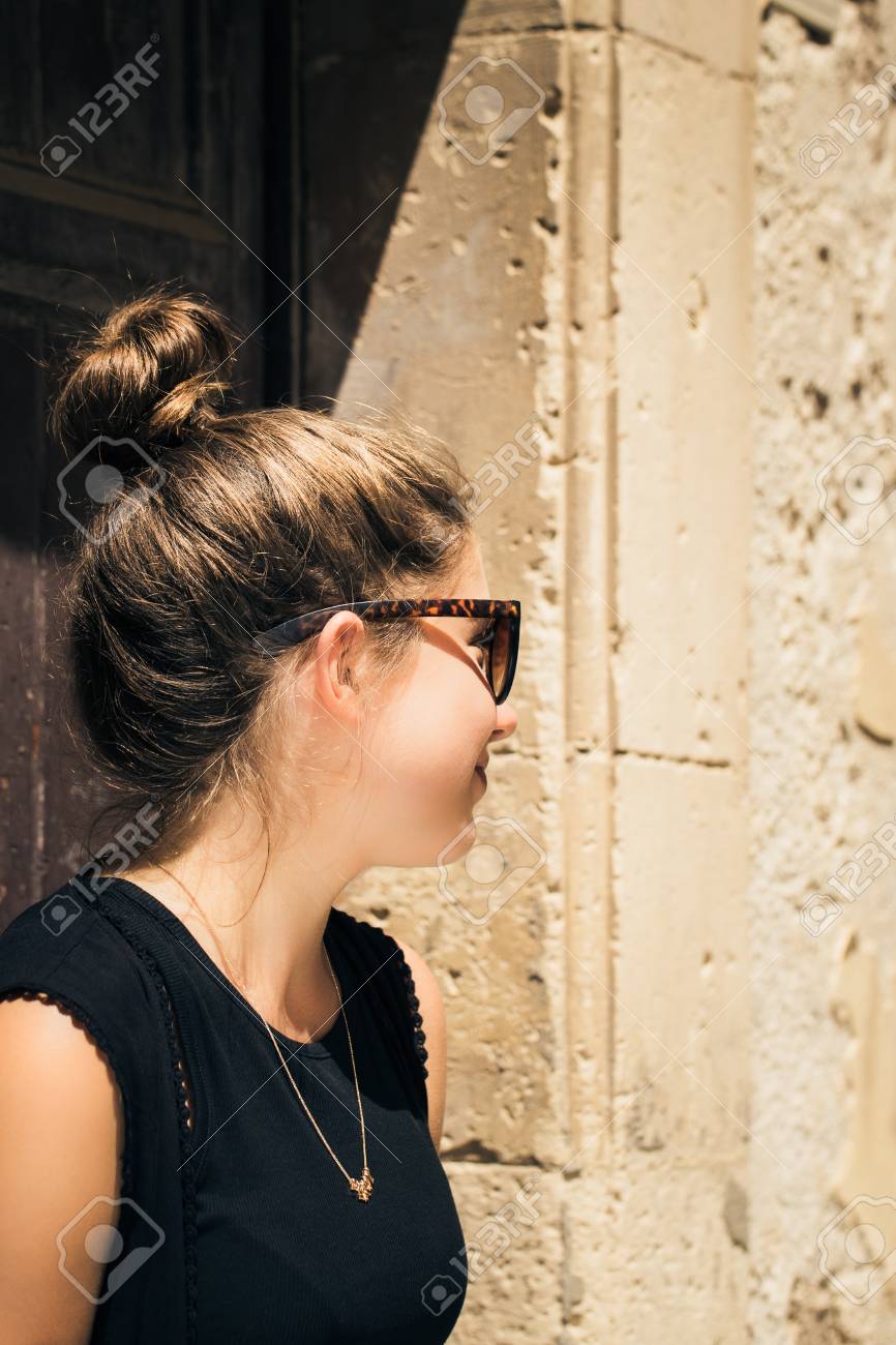 Retrato, Em, Perfil, De, Um, Bonito, Menina Adolescente, Com