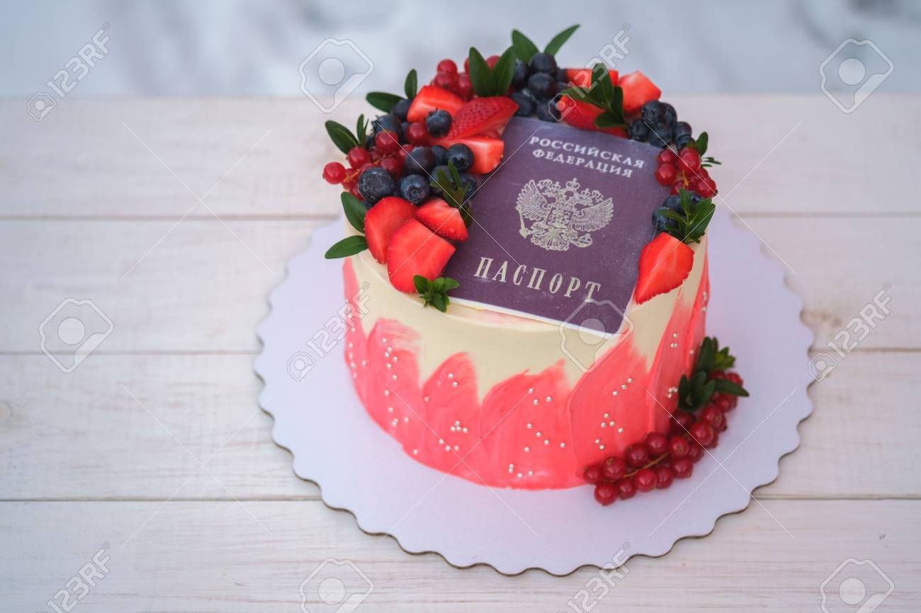 Beautiful Cake For Birthday With A Passport Of The Russian Federation On A  White Background Stock Photo, Picture and Royalty Free Image. Image  114355978.