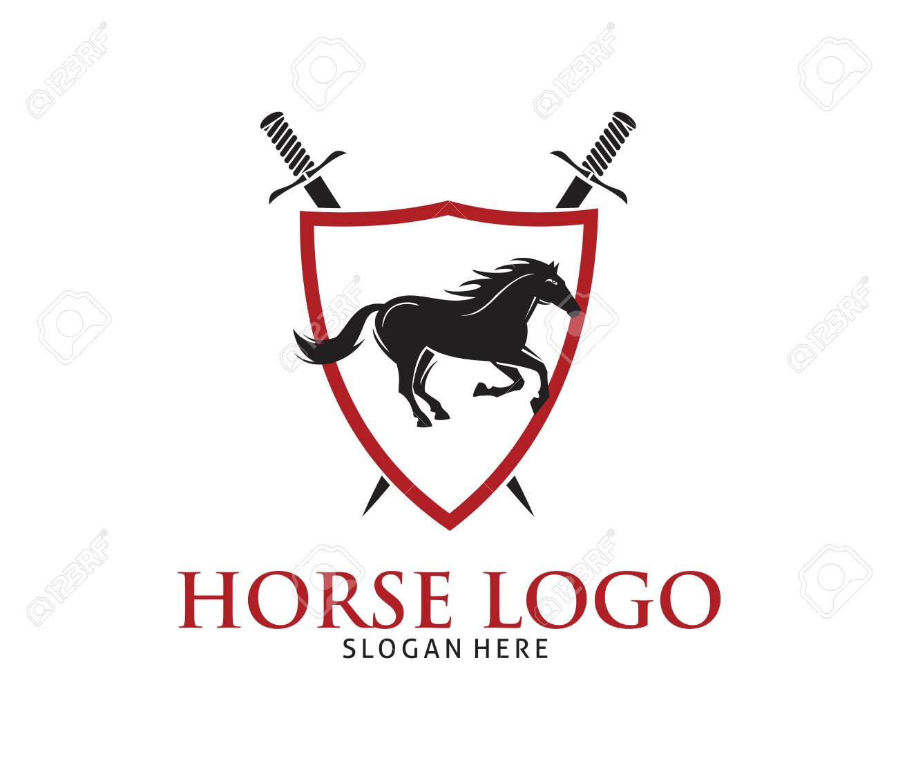 running horse inside shield badge with sword vector logo design running horse template