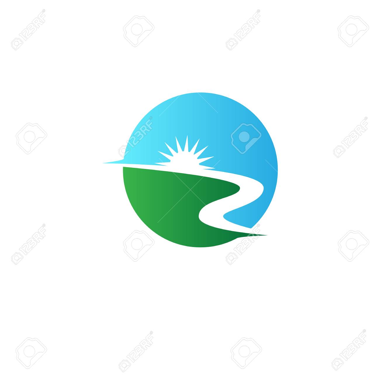 Abstract River Flowing Shape With Sun In The Peak Vector Logo