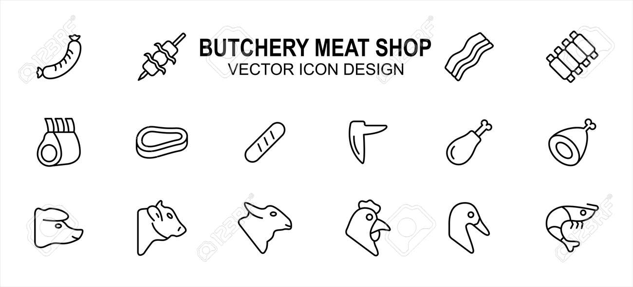 Simple Set of butchery meat shop Related Vector icon user interface graphic design. Contains such Icons as sausage, satay, bacon, ribs, beef, drumstick, chicken, lamb, duck, shrimp and more - 168493207 Simple Set of butchery meat shop Related Vector icon user interface graphic design. Contains such Icons as sausage, satay, bacon, ribs, beef, drumstick, chicken, lamb, duck, shrimp and more - 168493207