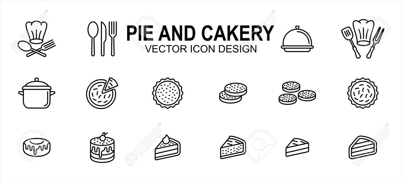 Simple Set of pie and cakery Related Vector icon user interface graphic design. Contains such Icons as pie, sliced cake, pudding, dessert, chef hat, spoon, fork, knife, - 168493211 Simple Set of pie and cakery Related Vector icon user interface graphic design. Contains such Icons as pie, sliced cake, pudding, dessert, chef hat, spoon, fork, knife, - 168493211