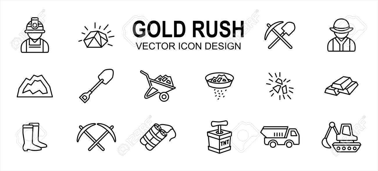 Simple Set of gold rush mining Related Vector icon user interface graphic design. Contains such Icons as gold nugget, spade, worker, job, mountain, wheelbarrow, pan, panning, dynamite, truck, boots - 168493325 Simple Set of gold rush mining Related Vector icon user interface graphic design. Contains such Icons as gold nugget, spade, worker, job, mountain, wheelbarrow, pan, panning, dynamite, truck, boots - 168493325