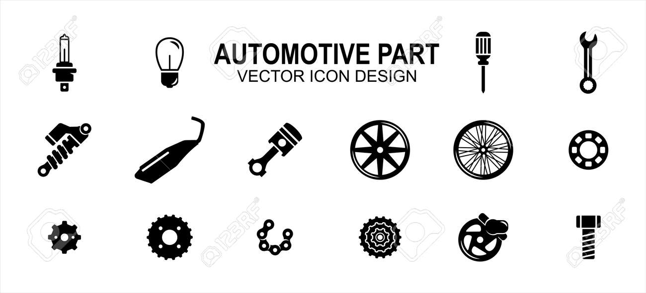 Automotive automobile and motorcycle part related vector icon user interface graphic design. Contains such Icons as light bulb, screwdriver, wrench, shock breaker, suspension, muffler, exhaust - 169744516 Automotive automobile and motorcycle part related vector icon user interface graphic design. Contains such Icons as light bulb, screwdriver, wrench, shock breaker, suspension, muffler, exhaust - 169744516