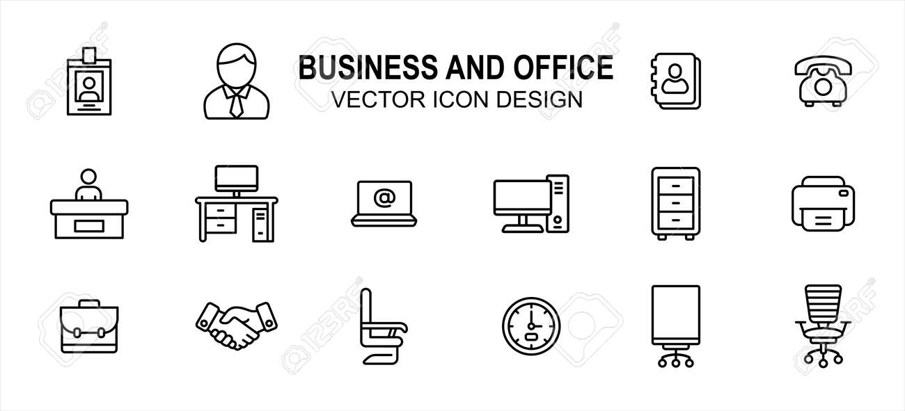 Business finance and office related vector icon user interface graphic design. Contains such Icons as identity card, person, computer desktop, front officer, receptionist, handshake, boss chair, clock - 169744520 Business finance and office related vector icon user interface graphic design. Contains such Icons as identity card, person, computer desktop, front officer, receptionist, handshake, boss chair, clock - 169744520