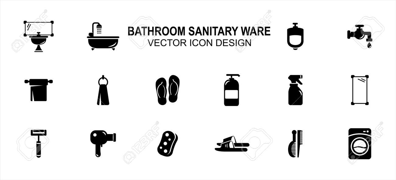 Bathroom and sanitary part related vector icon user interface graphic design. Contains such Icons as washtub, bathtub, urinary, toilet paper, sandal, flip flop, liquid soap, sprayer, mirror, razor - 169744523 Bathroom and sanitary part related vector icon user interface graphic design. Contains such Icons as washtub, bathtub, urinary, toilet paper, sandal, flip flop, liquid soap, sprayer, mirror, razor - 169744523