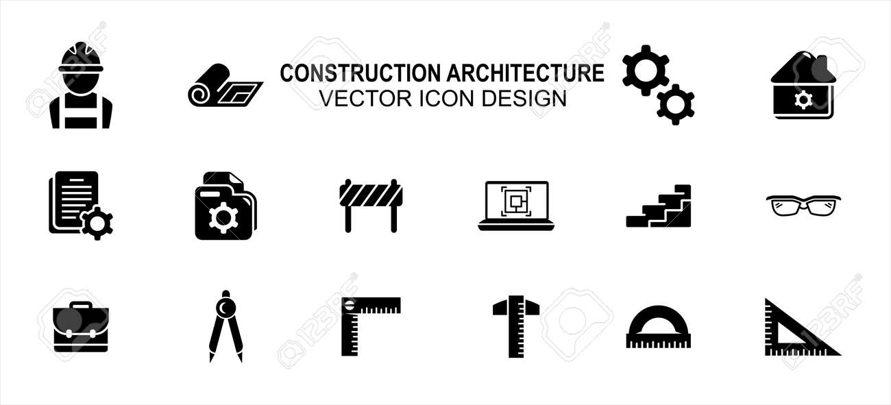 Construction architecture related vector icon user interface graphic design. Contains such icons as worker, labor, blueprint, gear, setting symbol, construction file, laptop, bag, ruler, triangle - 169744553 Construction architecture related vector icon user interface graphic design. Contains such icons as worker, labor, blueprint, gear, setting symbol, construction file, laptop, bag, ruler, triangle - 169744553