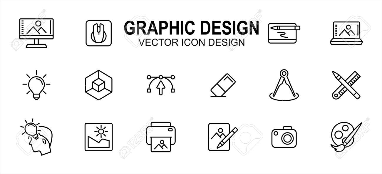 Graphic visual design related vector icon user interface graphic design. Contains such icons as computer, mouse, pen tablet, laptop, idea, light bulb, anchor, handle, eraser, pencil, ruler, photo - 169744555 Graphic visual design related vector icon user interface graphic design. Contains such icons as computer, mouse, pen tablet, laptop, idea, light bulb, anchor, handle, eraser, pencil, ruler, photo - 169744555