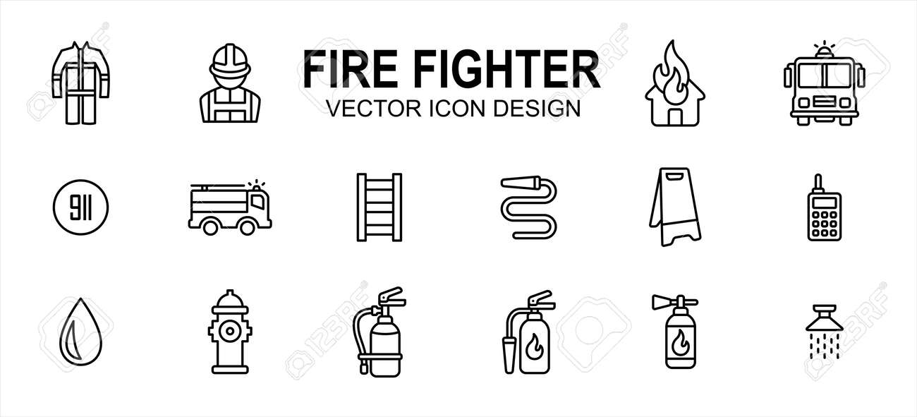 fire fighter department related vector icon user interface graphic design. Contains such icons as office, person, uniform, safety, burning house, fire fighter truck, 911 sign, ladder, water hose - 169744558 fire fighter department related vector icon user interface graphic design. Contains such icons as office, person, uniform, safety, burning house, fire fighter truck, 911 sign, ladder, water hose - 169744558