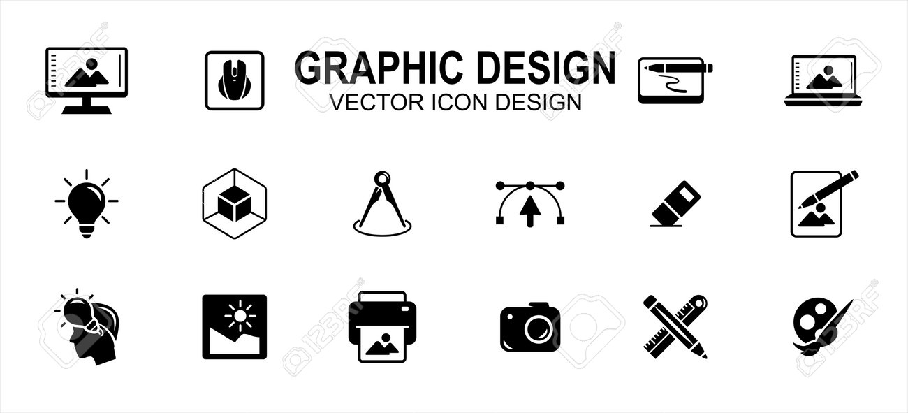 Graphic visual design related vector icon user interface graphic design. Contains such icons as computer, mouse, pen tablet, laptop, idea, light bulb, anchor, handle, eraser, pencil, ruler, photo - 169744561 Graphic visual design related vector icon user interface graphic design. Contains such icons as computer, mouse, pen tablet, laptop, idea, light bulb, anchor, handle, eraser, pencil, ruler, photo - 169744561
