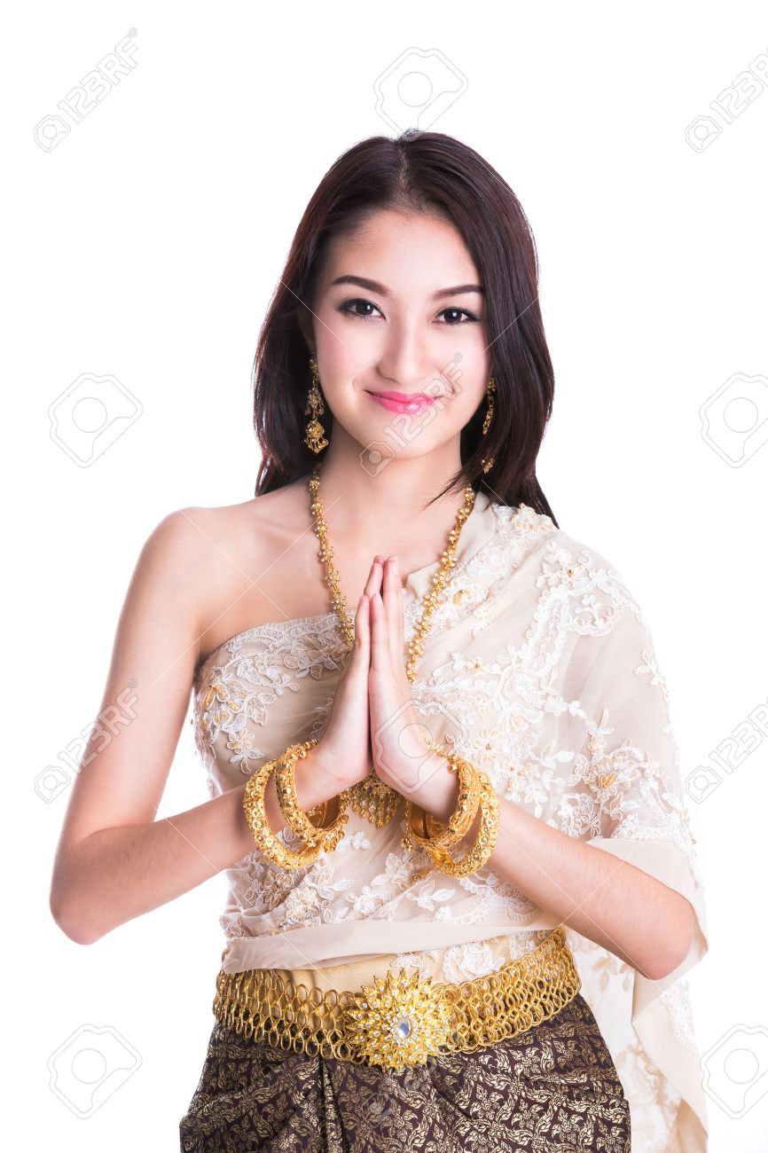 タイ女性ビンテージ オリジナル タイ衣装サワディー アクション 歓迎 の写真素材 画像素材 Image