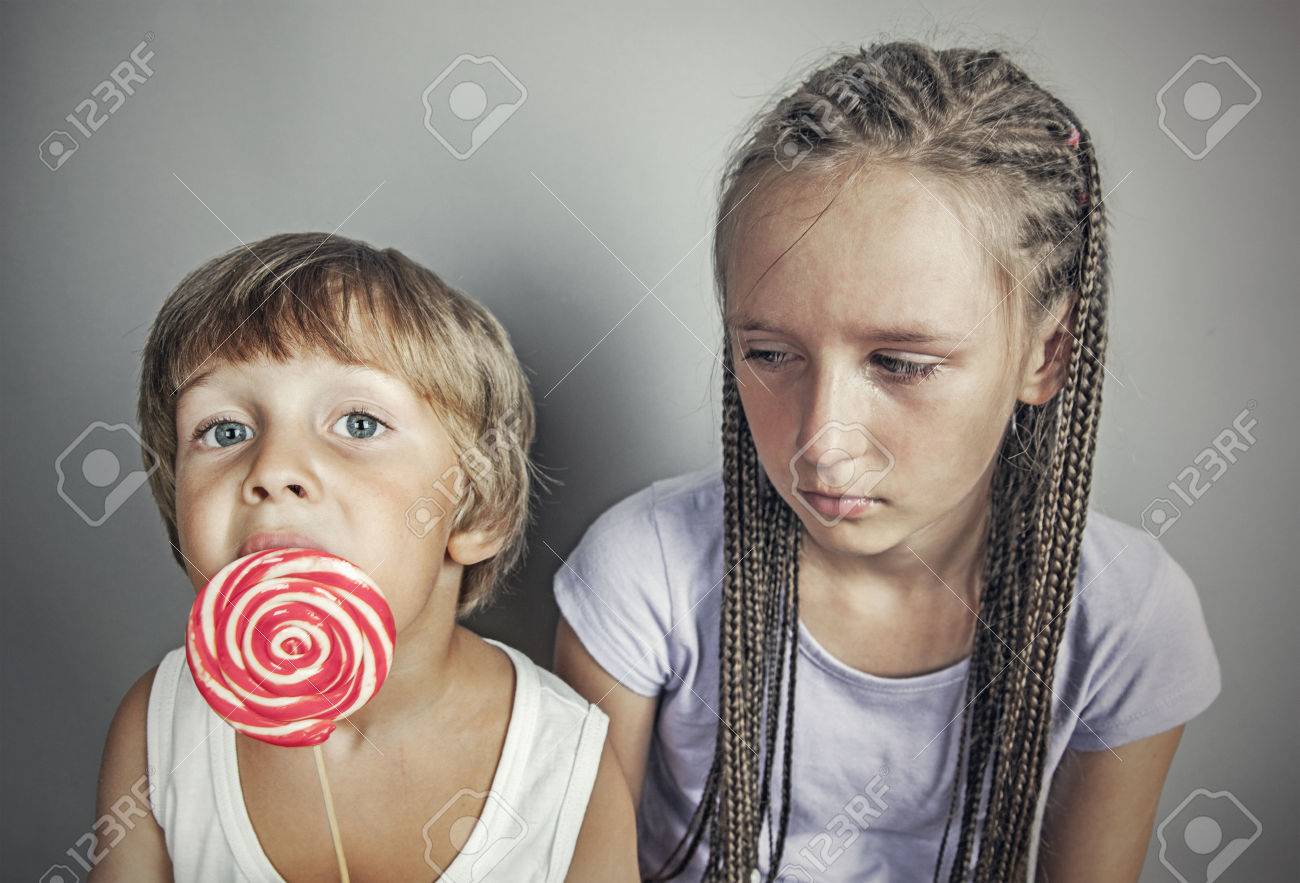 Sister Jealous Brother Who Eats Candy Stock Photo Sister Jealous Brother Who Eats Candy Stock Photo