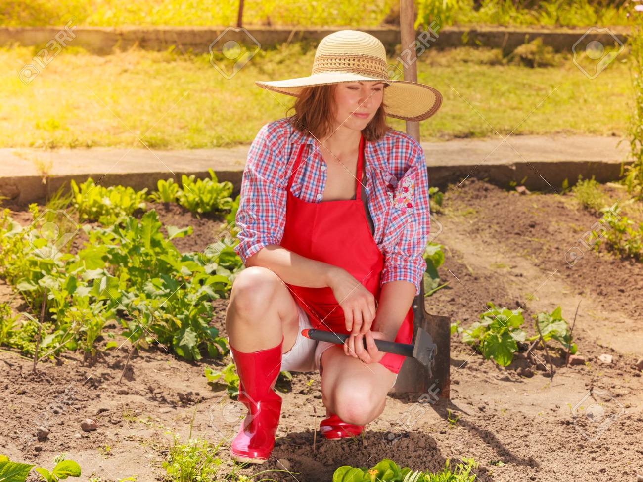 Mature Woman Wearing Hat Red Rubber