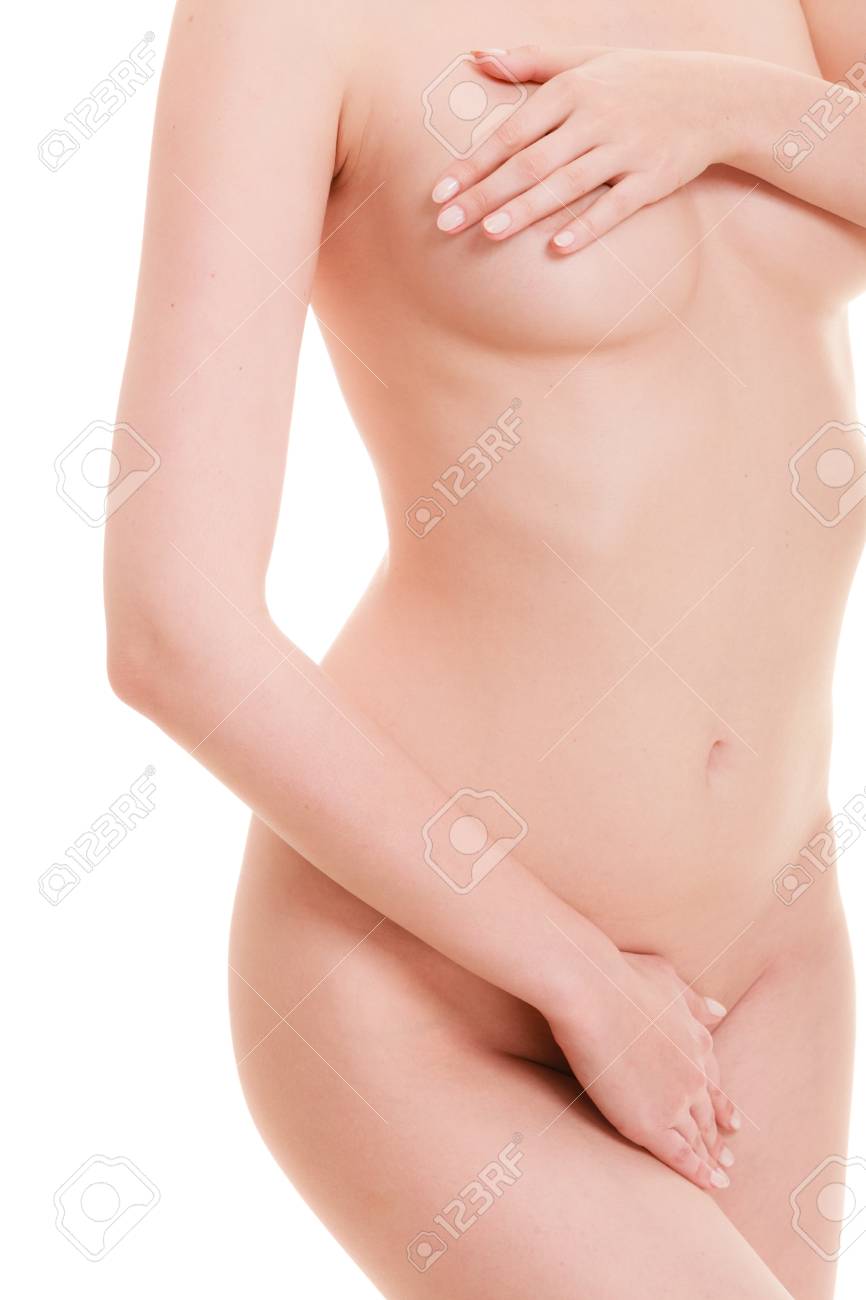 Subtle Nudity Of Female. Part Body Of Young Woman Without Clothes Covering  Herself By Hands. Perfectly Naked Smoothy Lady With Palm On Her Vagin  Venter Womb. Фотография, картинки, изображения и сток-фотография без