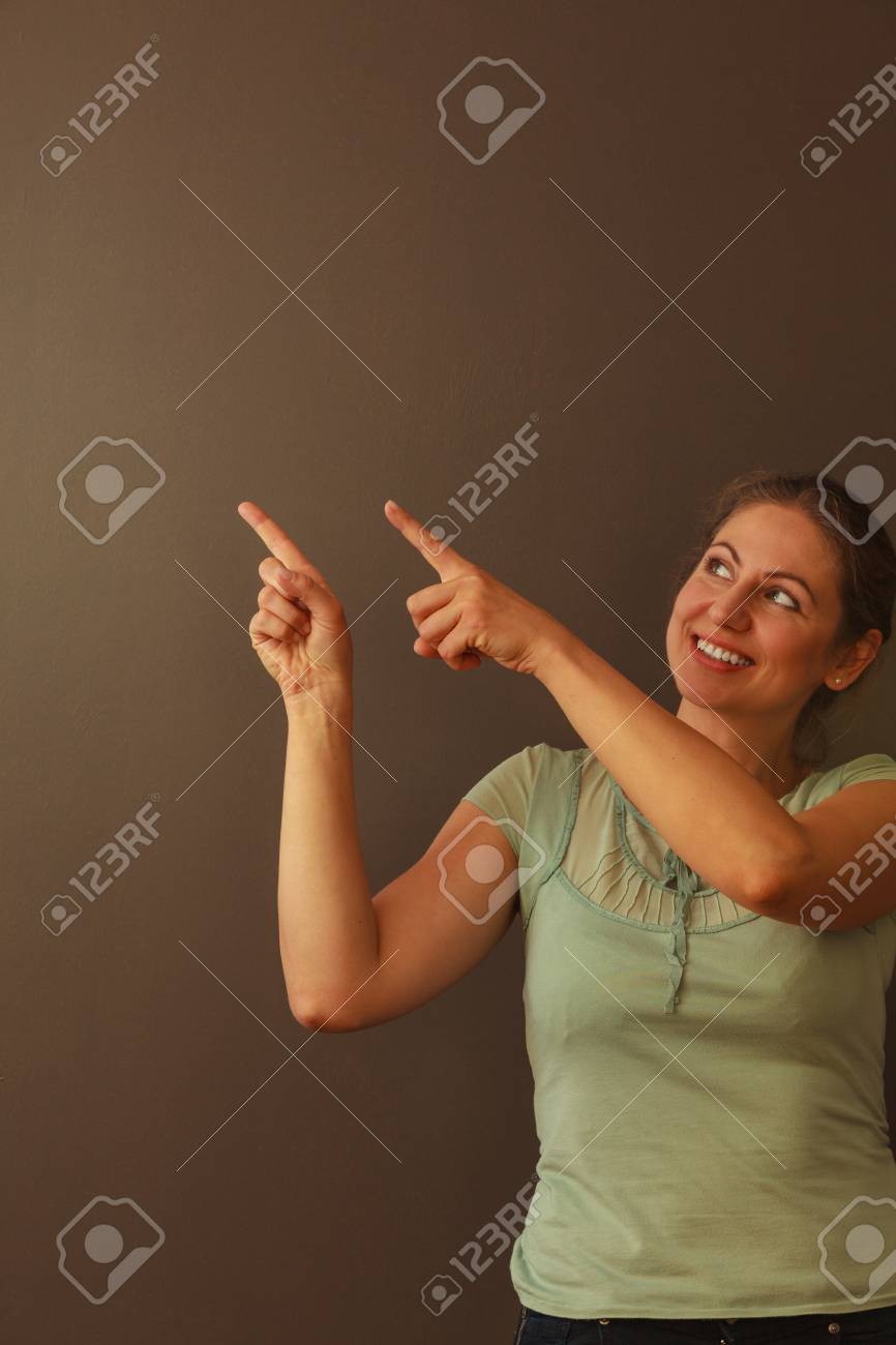 advertisement idea mature adult pretty woman showing indicate advertisement idea