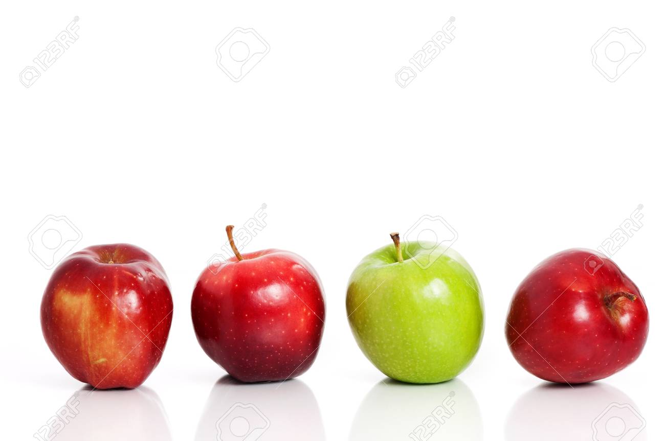 four apples in a row over white stock photo picture and royalty