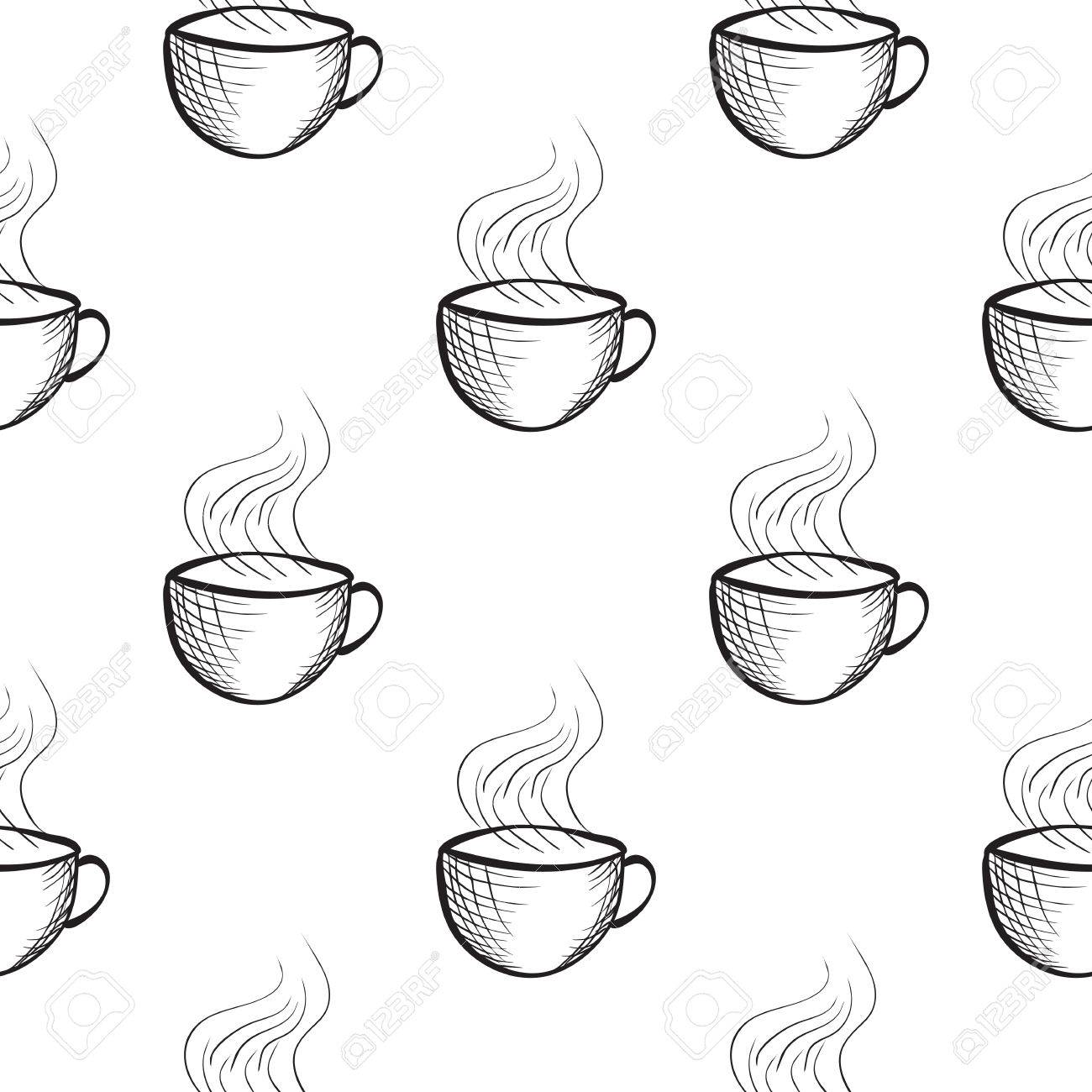 手でシームレスなパターンは 大ざっぱな紅茶 コーヒー カップに描画されます コーヒー ブレークのタイル張りの背景スタイルを彫刻のイラスト素材 ベクタ Image