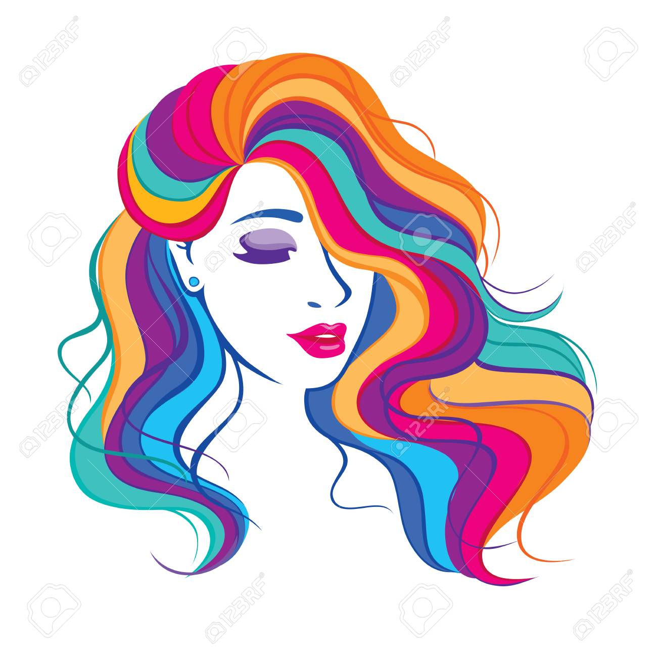 Beauty fashion girl with colorful long dyed hair. Portrait of a beautiful woman with a curly hair, curly long haircut vector illustration, salon icon. - 94598097 Beauty fashion girl with colorful long dyed hair. Portrait of a beautiful woman with a curly hair, curly long haircut vector illustration, salon icon. - 94598097