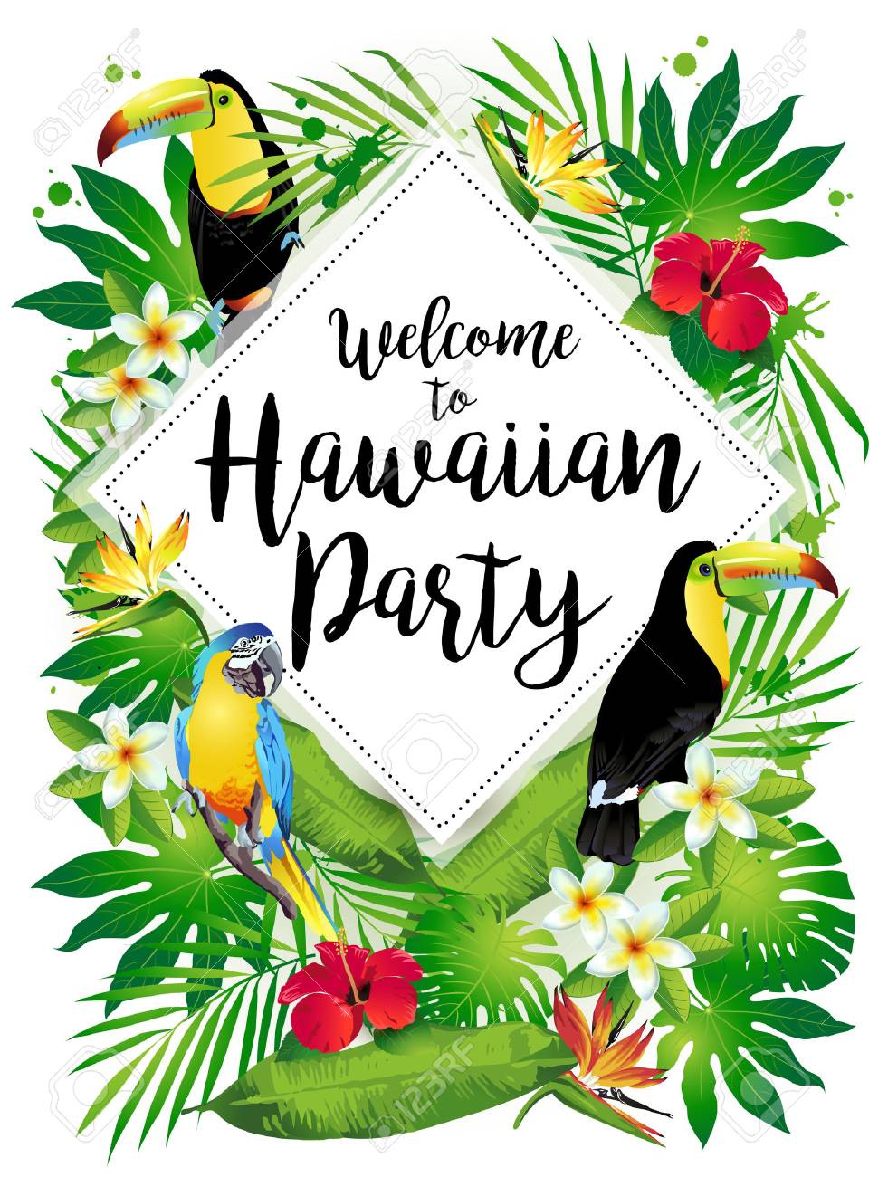 Welcome to Hawaiian party! Vector illustration of tropical birds, flowers, leaves. - 69222411 Welcome to Hawaiian party! Vector illustration of tropical birds, flowers, leaves. - 69222411