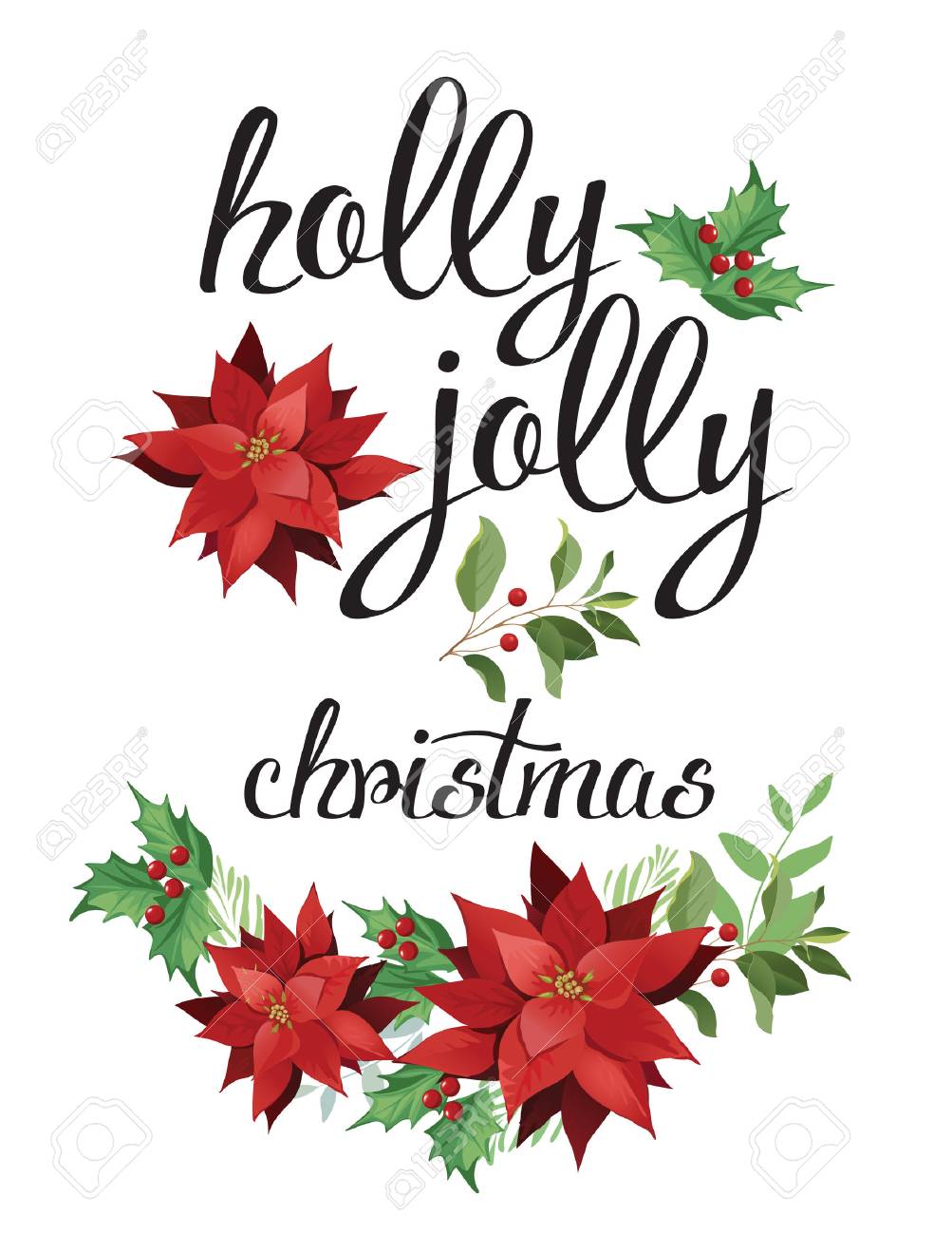 Holly, jolly. Wreath of red poinsettia and leaves. Watercolor illustration. - 69150044 Holly, jolly. Wreath of red poinsettia and leaves. Watercolor illustration. - 69150044