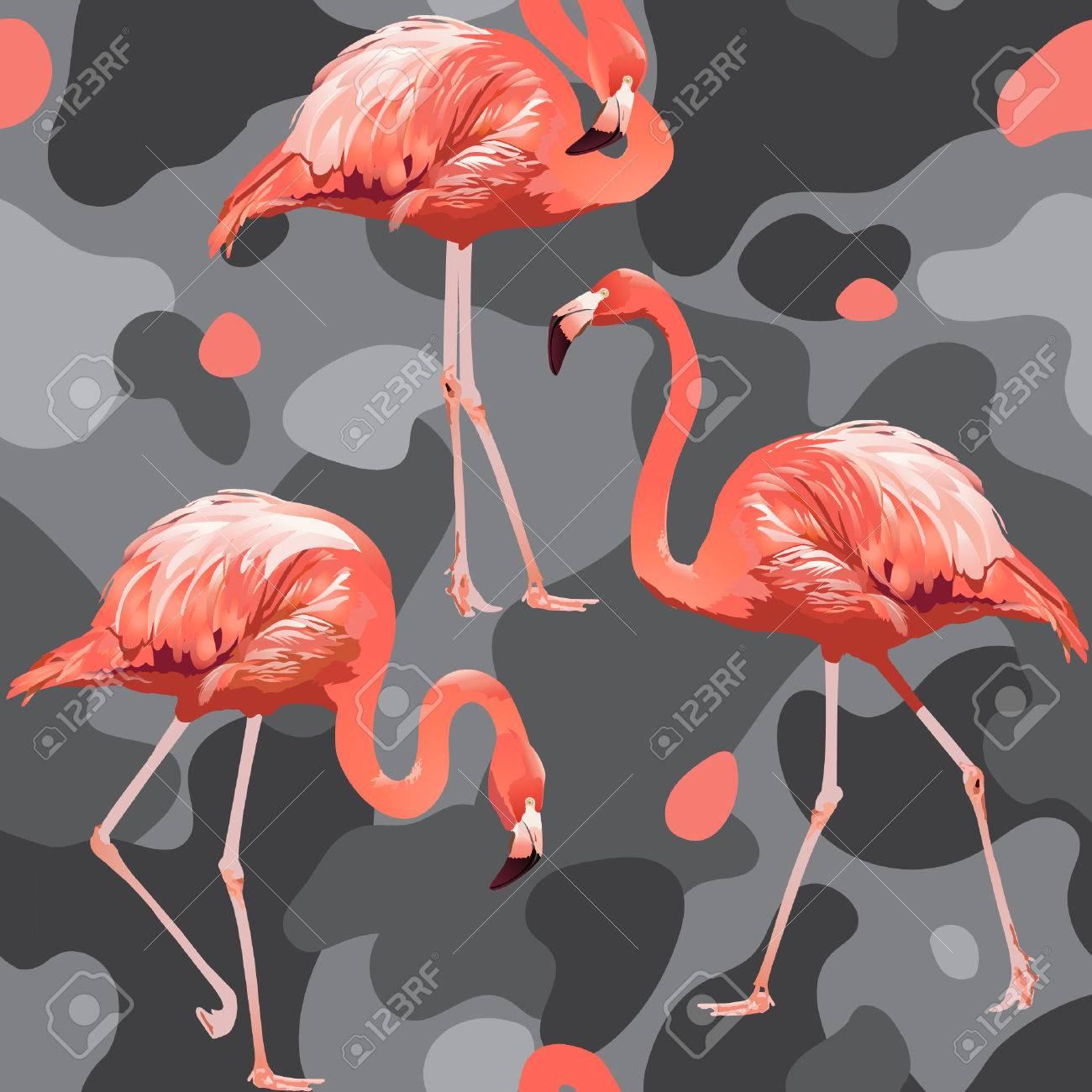 Beautiful pink flamingo print on camouflage background. Seamless vector pattern. Trendy nature wallpaper - 70276163 Beautiful pink flamingo print on camouflage background. Seamless vector pattern. Trendy nature wallpaper - 70276163