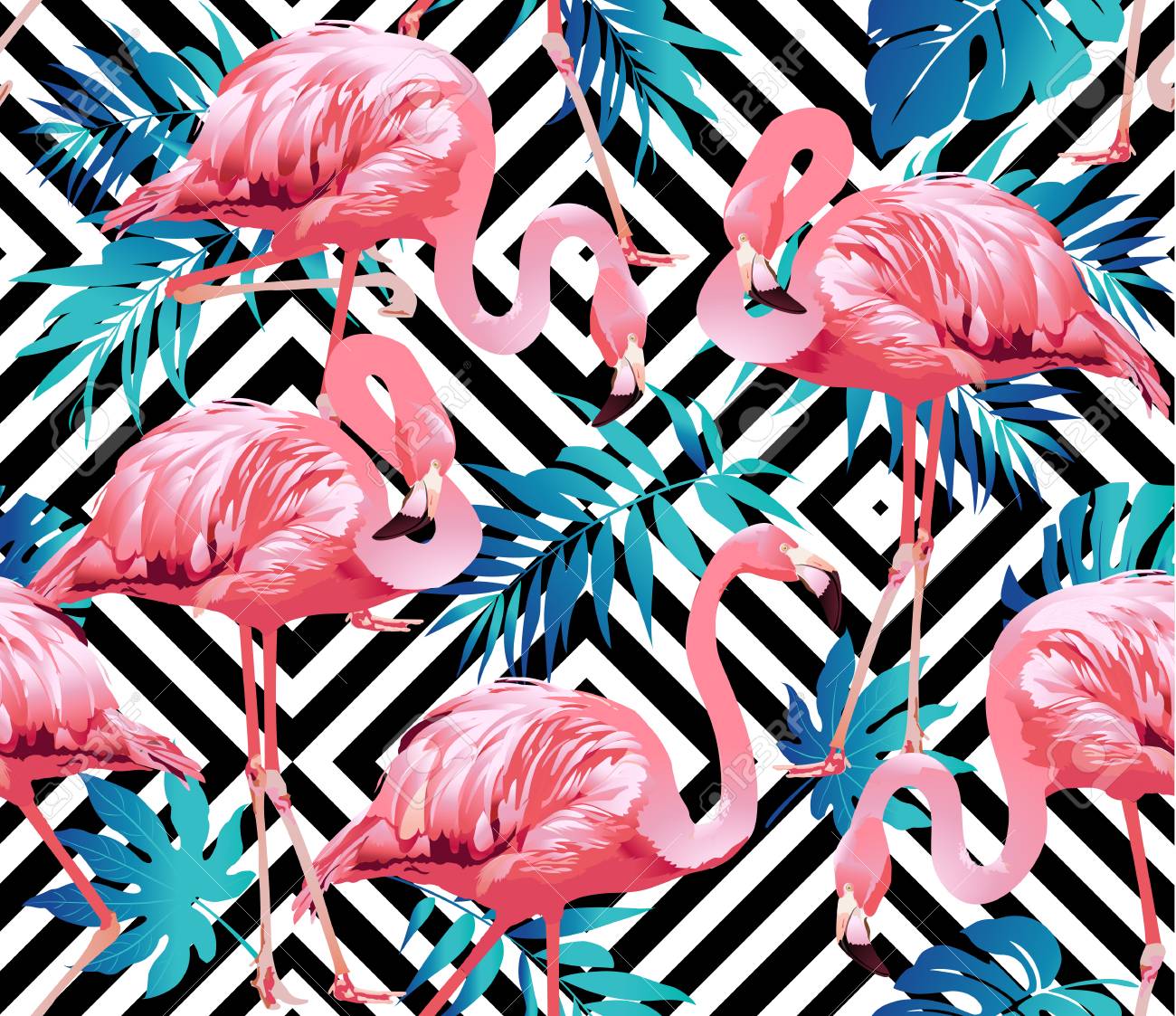 Flamingo Bird and Tropical Flowers Background - Seamless pattern vector - 74413701 Flamingo Bird and Tropical Flowers Background - Seamless pattern vector - 74413701