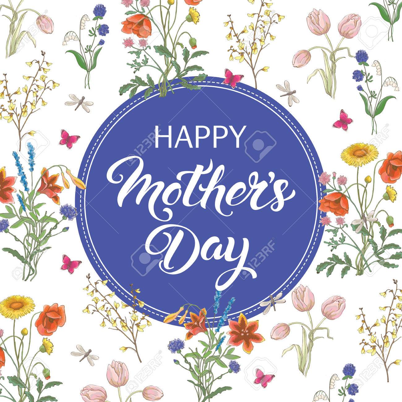 happy mothers day lettering greeting card with wildflowers vector mothers greeting card