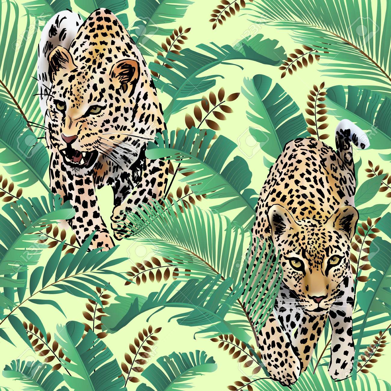 Cheetah and leopards palm leaves tropical watercolor in the jungle seamless background - 81582486 Cheetah and leopards palm leaves tropical watercolor in the jungle seamless background - 81582486