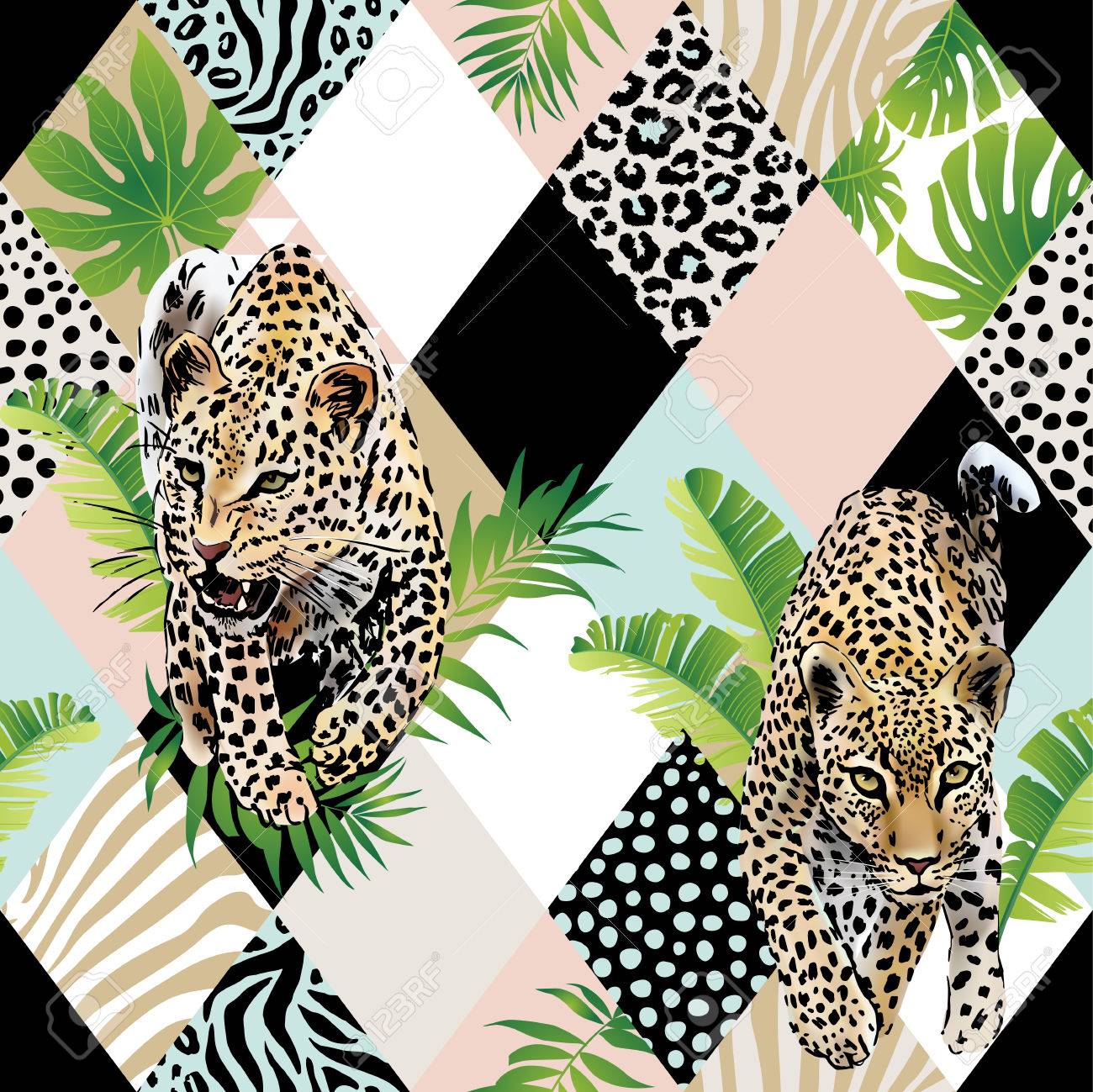 Tropical palm leaves and exotic leopard background. - 86083331 Tropical palm leaves and exotic leopard background. - 86083331