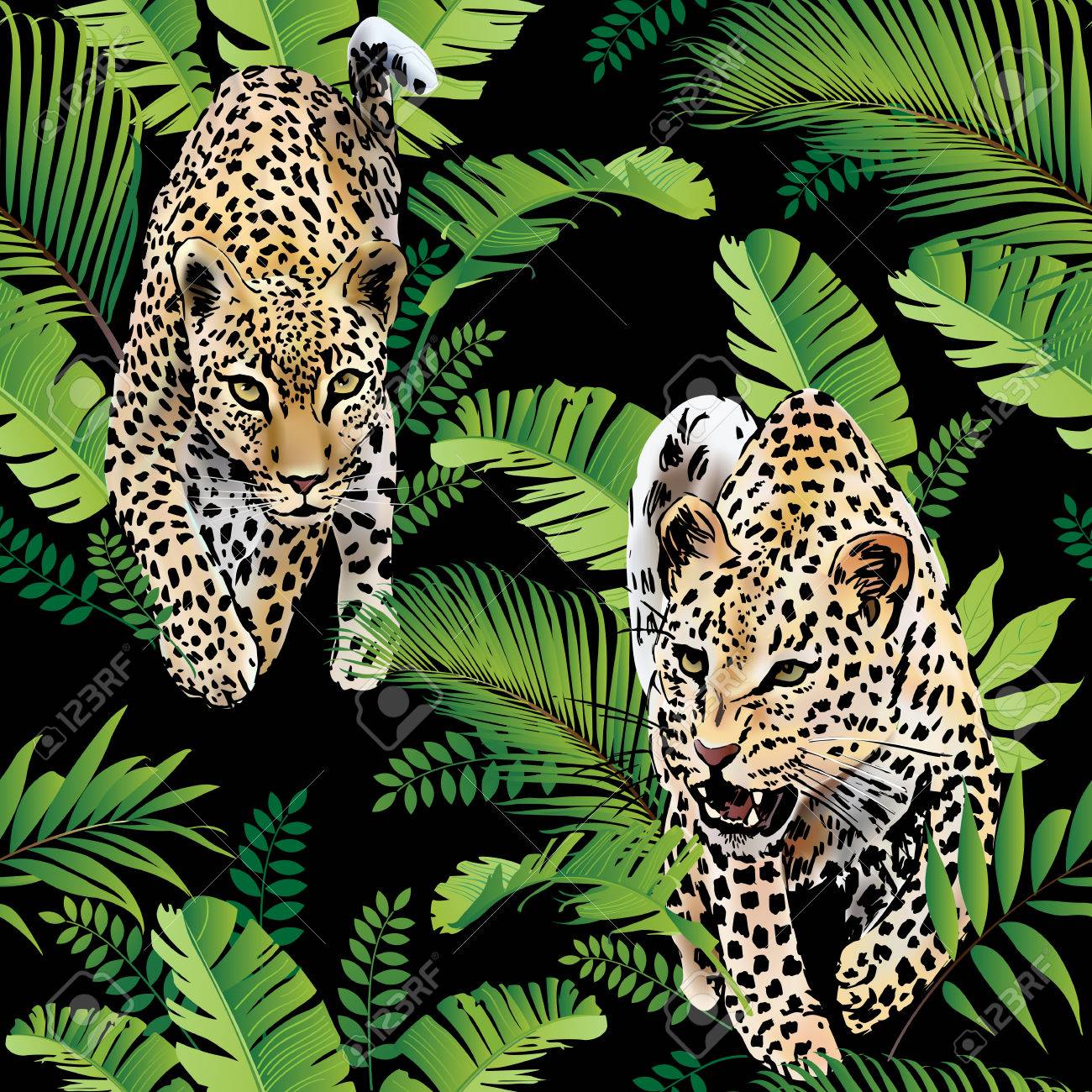 Leopards palm leaves tropical watercolor in the jungle. - 86146573 Leopards palm leaves tropical watercolor in the jungle. - 86146573