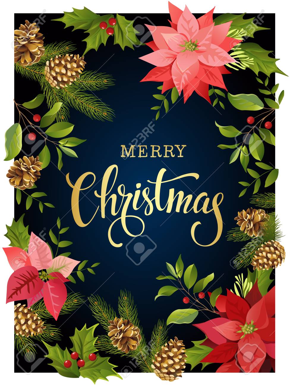 Christmas design composition frame of red poinsettia and leaves. Vector illustration. - 88100359 Christmas design composition frame of red poinsettia and leaves. Vector illustration. - 88100359