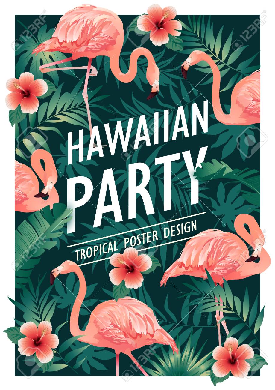 Hawaiian party. Vector illustration of tropical birds, flowers, leaves - 94221517 Hawaiian party. Vector illustration of tropical birds, flowers, leaves - 94221517