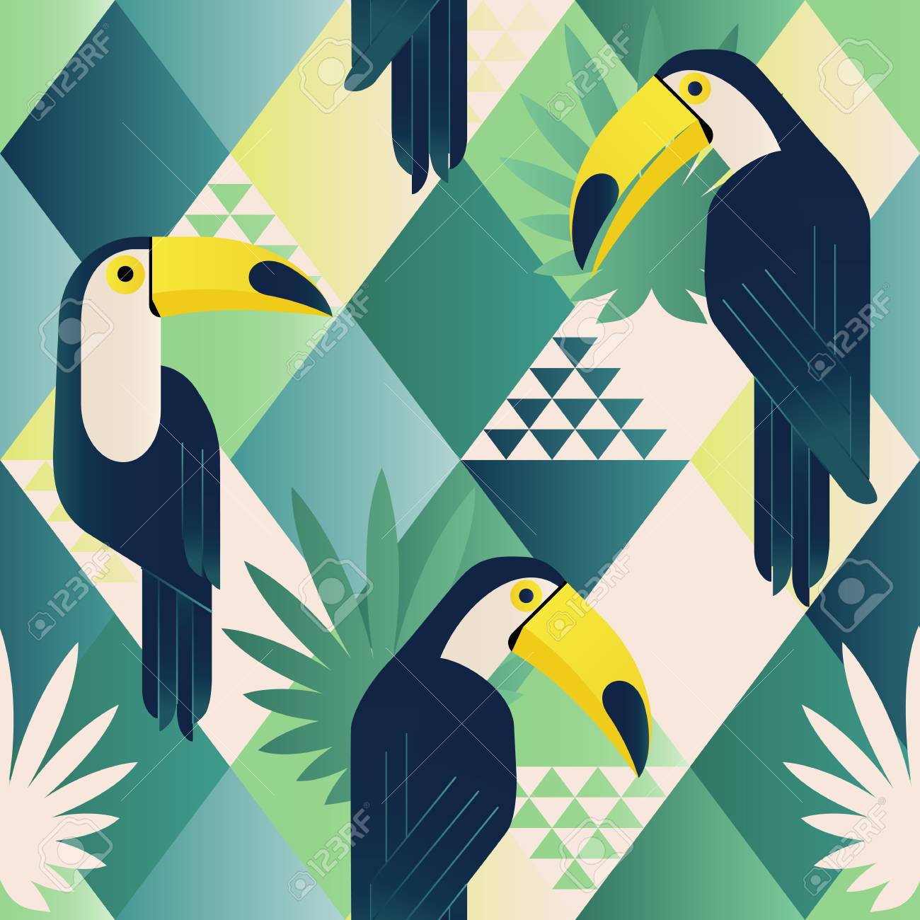 Exotic beach trendy seamless pattern, patchwork. Jungle toucan. Wallpaper print background mosaic. - 94320654 Exotic beach trendy seamless pattern, patchwork. Jungle toucan. Wallpaper print background mosaic. - 94320654