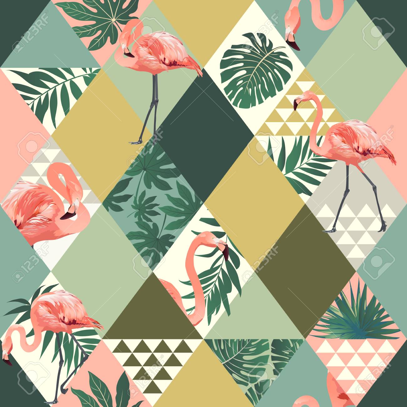 Exotic beach trendy seamless pattern with pink flamingos print. - 96320535 Exotic beach trendy seamless pattern with pink flamingos print. - 96320535
