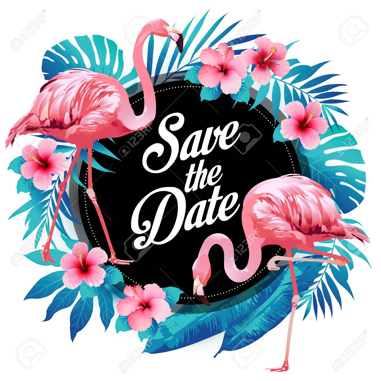 Blue summer tropical palm leaves exotic flamingo and hibiscus flowers. Vector floral background. - 100220657 Blue summer tropical palm leaves exotic flamingo and hibiscus flowers. Vector floral background. - 100220657