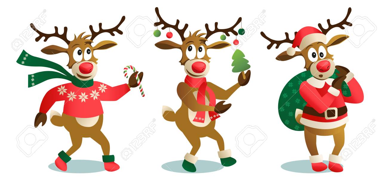 Cute and funny Christmas reindeers, cartoon vector illustration isolated on white background reindeer with Christmas tree, gifts and dancing, having fun, decoration elements. - 112104028 Cute and funny Christmas reindeers, cartoon vector illustration isolated on white background reindeer with Christmas tree, gifts and dancing, having fun, decoration elements. - 112104028