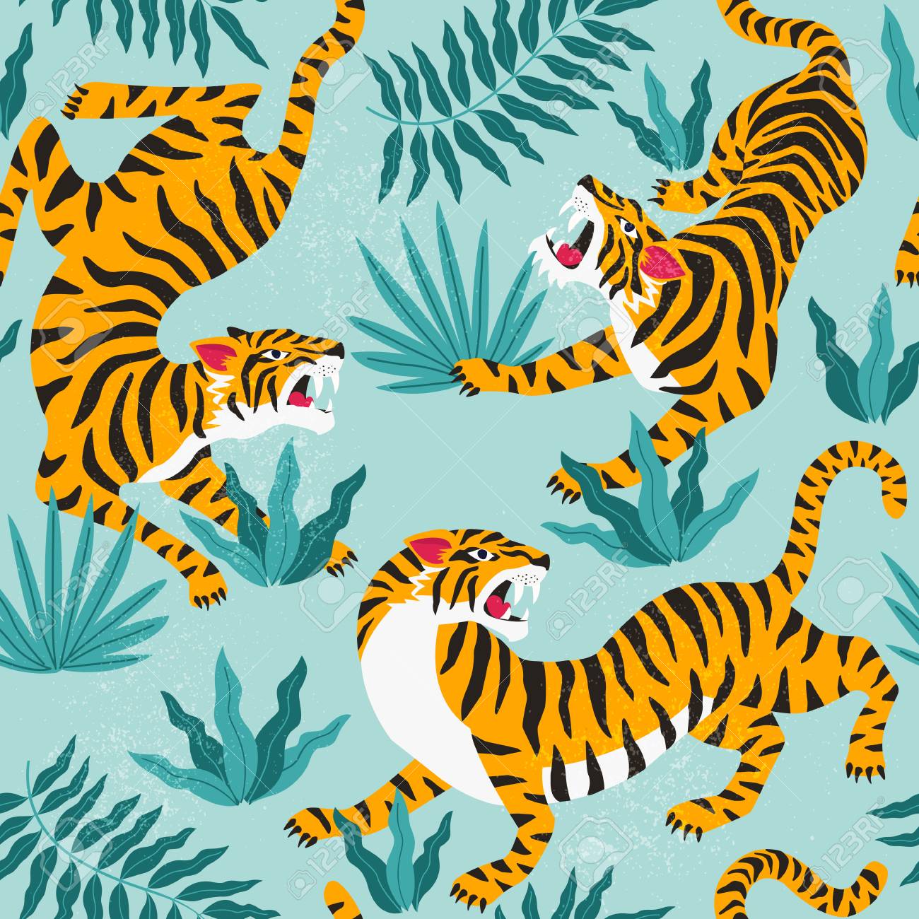 Vector seamless pattern with cute tigers on background. Fashionable fabric design. - 110244130 Vector seamless pattern with cute tigers on background. Fashionable fabric design. - 110244130