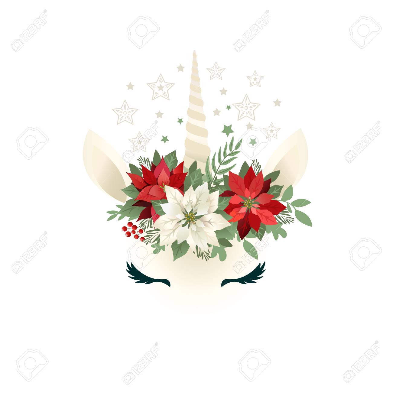 Head of hand drawn unicorn with floral wreath on white background. - 111200243 Head of hand drawn unicorn with floral wreath on white background. - 111200243