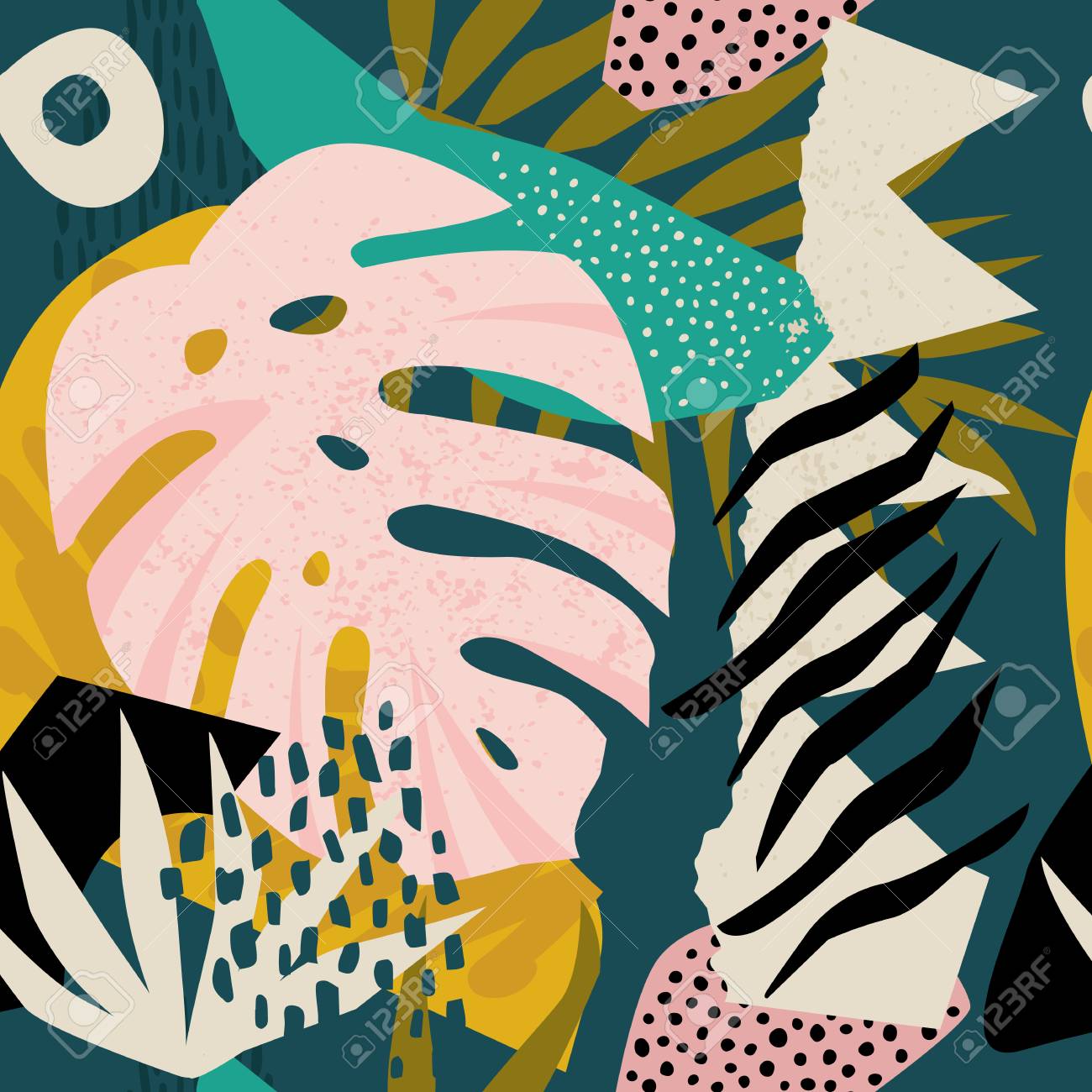 Collage contemporary floral hawaiian pattern in vector. Seamless surface design. - 127302422 Collage contemporary floral hawaiian pattern in vector. Seamless surface design. - 127302422
