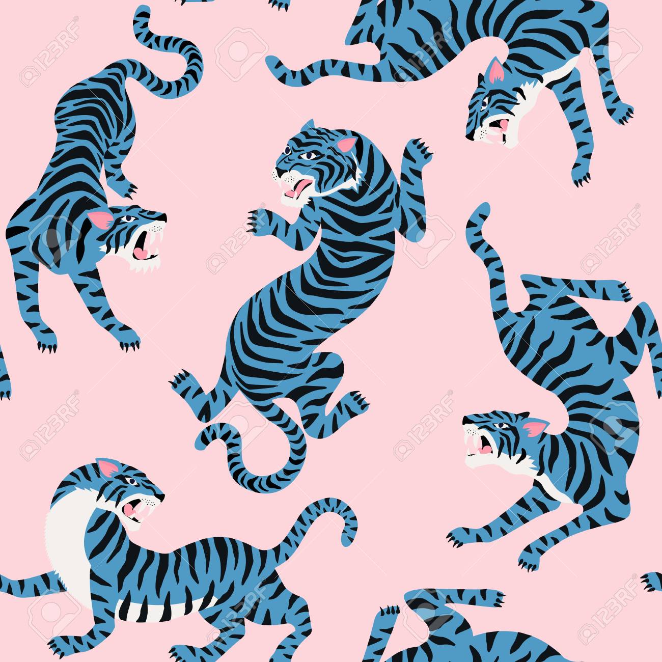 Vector seamless pattern with cute tigers on background. Circus animal show Fashionable fabric design. - 114562000 Vector seamless pattern with cute tigers on background. Circus animal show Fashionable fabric design. - 114562000