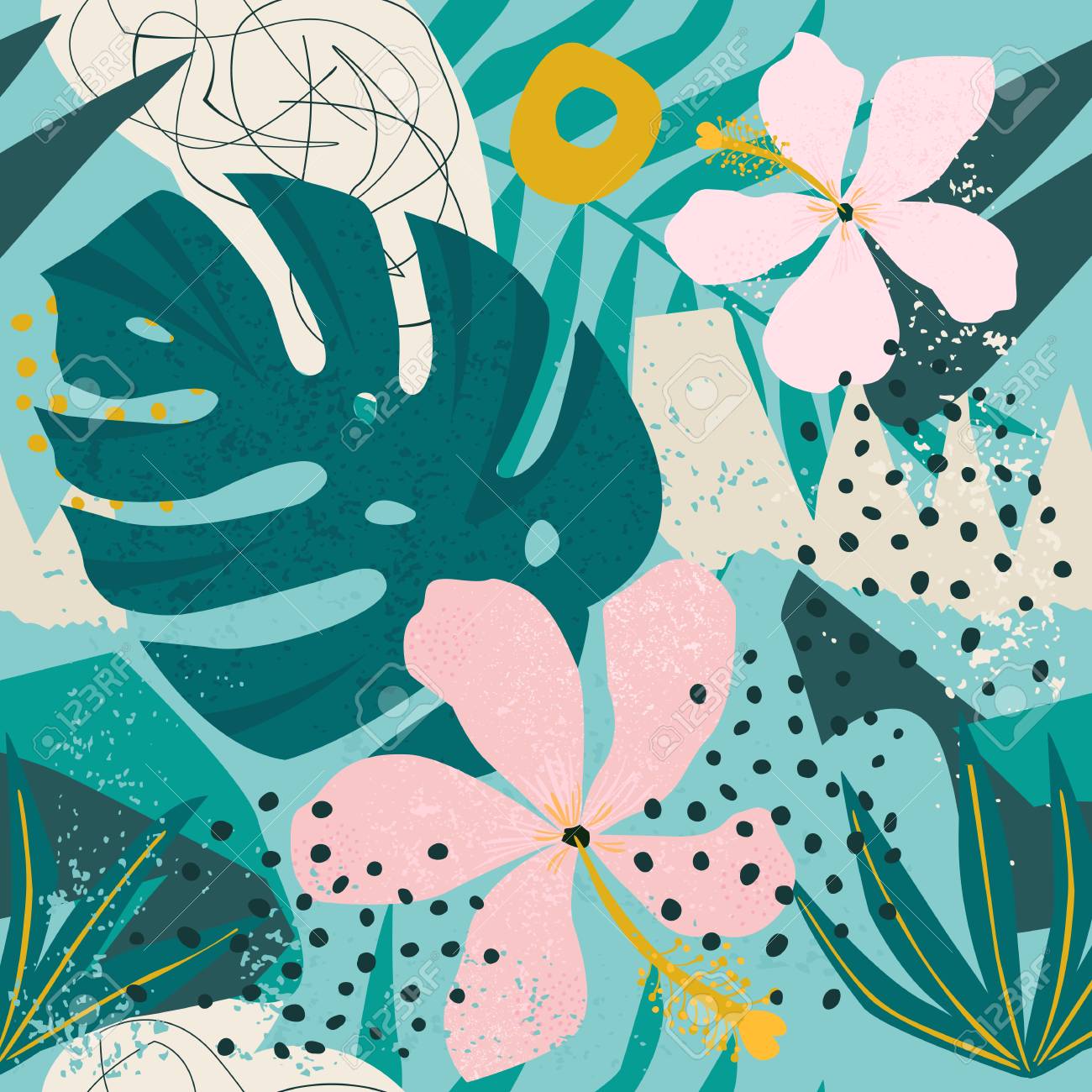 Tropical flowers and palm leaves on background. Seamless Vector pattern. - 125738326 Tropical flowers and palm leaves on background. Seamless Vector pattern. - 125738326