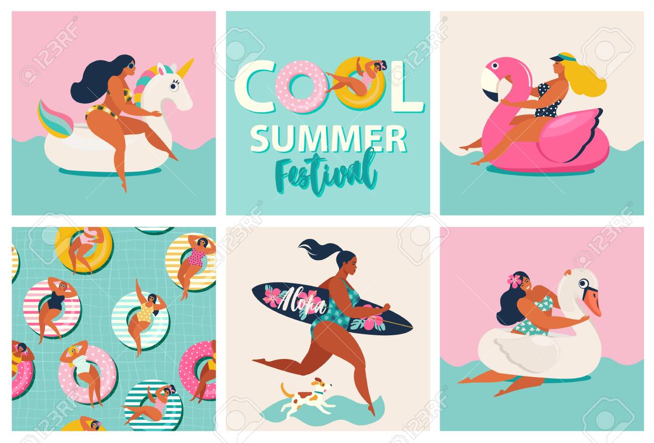 Flamingo, unicorn and swan inflatable swimming pool floats. Cartoon set of summer time with girls, pool floats, dog, surfboard isolated on waves background. - 133672589 Flamingo, unicorn and swan inflatable swimming pool floats. Cartoon set of summer time with girls, pool floats, dog, surfboard isolated on waves background. - 133672589
